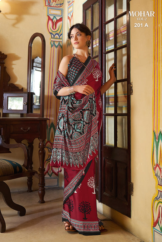 Mohar Block Poly Crepe Bagru Sarees