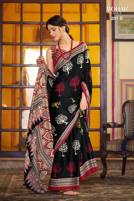 Party Wear Designer Mohar Print Japan Crape Saree