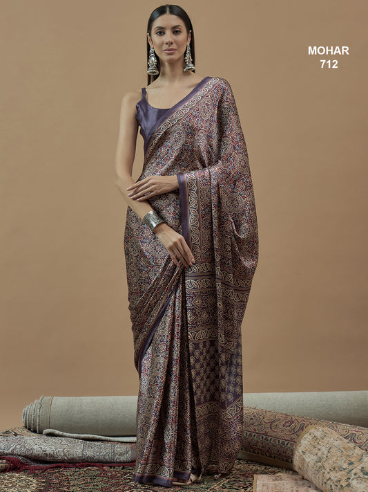 Mohar Art Silk Beacon Blue Printed Floral Vine Kani Saree