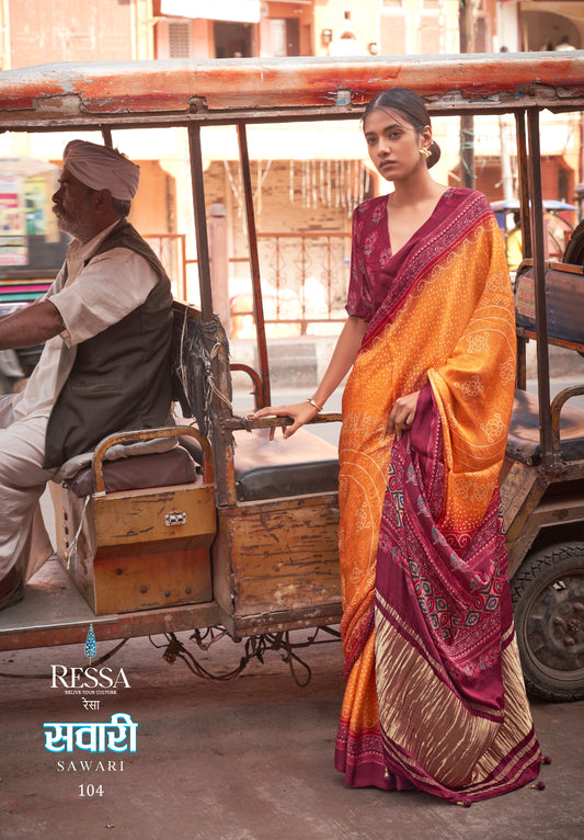 Orange Red Coloured of Gajji Lagdi Patta Viscose With Ajrakh And Bandhej Print Saree