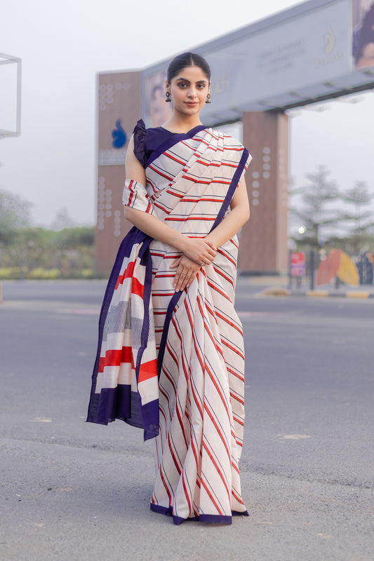 Women's Bhagalpuri Silk Cream Printed Designer Saree with Blouse Piece