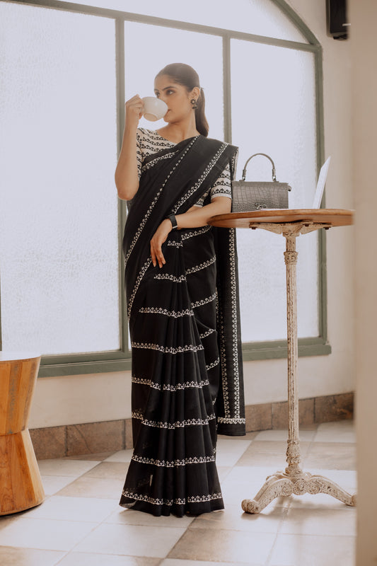 Womaniya Black Bhagalpuri Silk Saree with White Embroidery