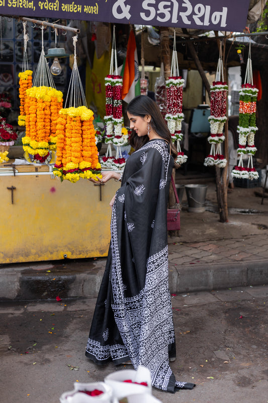 Womaniya Black Bhagalpuri Silk with White Batik Print