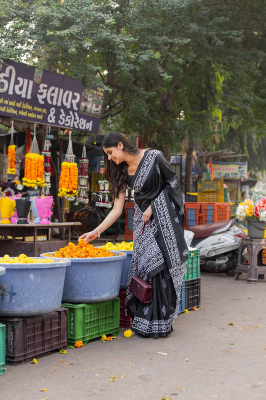 Womaniya Black Bhagalpuri Silk with White Batik Print