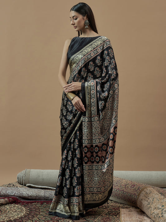 Mohar Printed Hand Batik Crepe Black Sarees