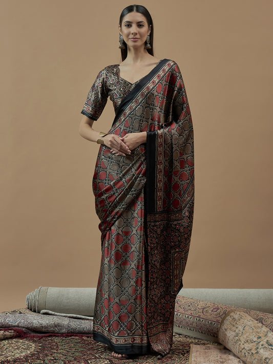 Mohar Brown Modal Satin Ajrakh Handblock Printed Saree