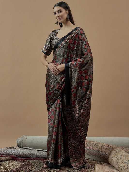 Mohar Brown Modal Satin Ajrakh Handblock Printed Saree