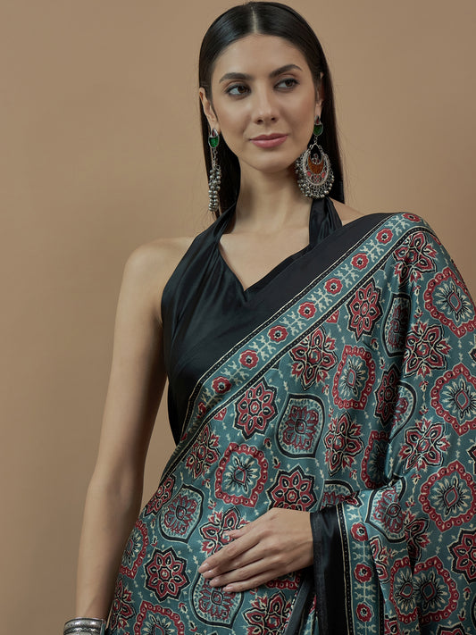 Mohar Women's Ajrakh Linen Hand Block Print Natural Dye Woven Saree