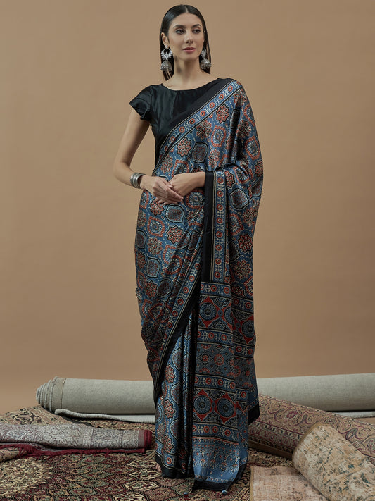 Mohar Women's Ajrakh Linen Hand Block Print Natural Dye Woven Saree