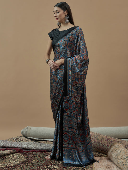 Mohar Women's Ajrakh Linen Hand Block Print Natural Dye Woven Saree