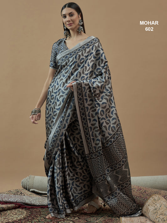 Grey Mohar Printed Satin Saree