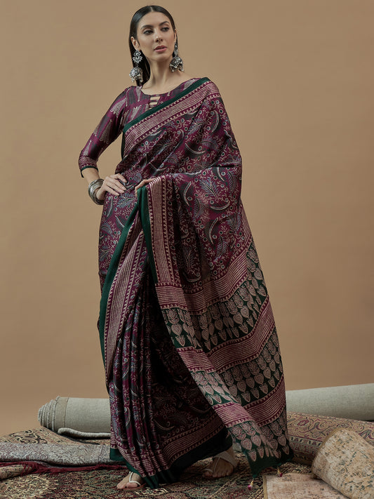 Apple Mohar Fancy Japan Satin Ajhrakh Print Saree