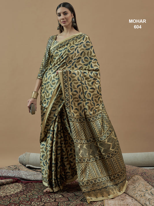Light Seafoam Blue Mohar Printed Satin Saree With Tassels