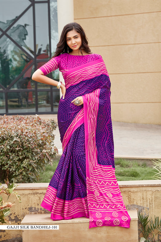 Gajji Silk Bandhej Saree – Purple & Pink with White Accents