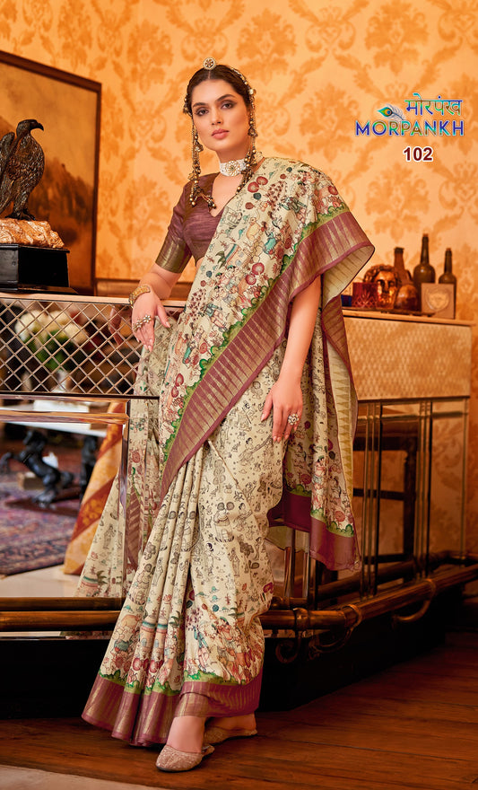 Morpankh Brown &amp; White Saree