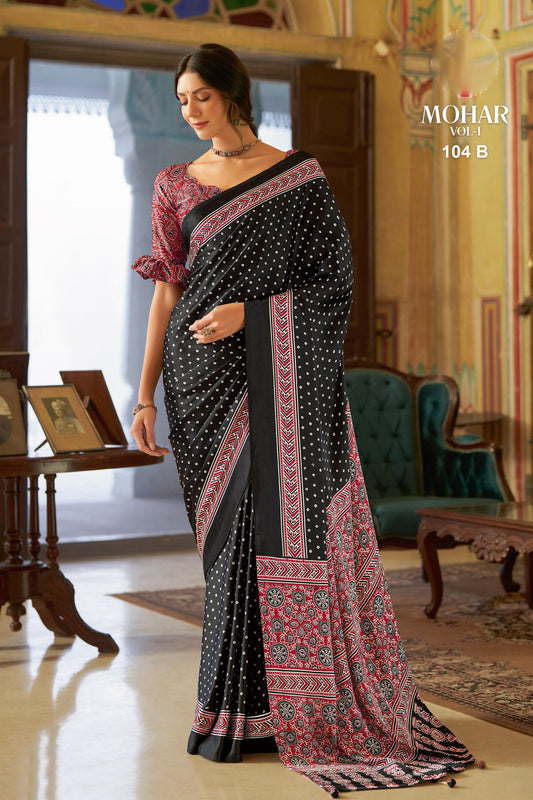 Black Polka Dot Printed Saree with Contrast Pallu