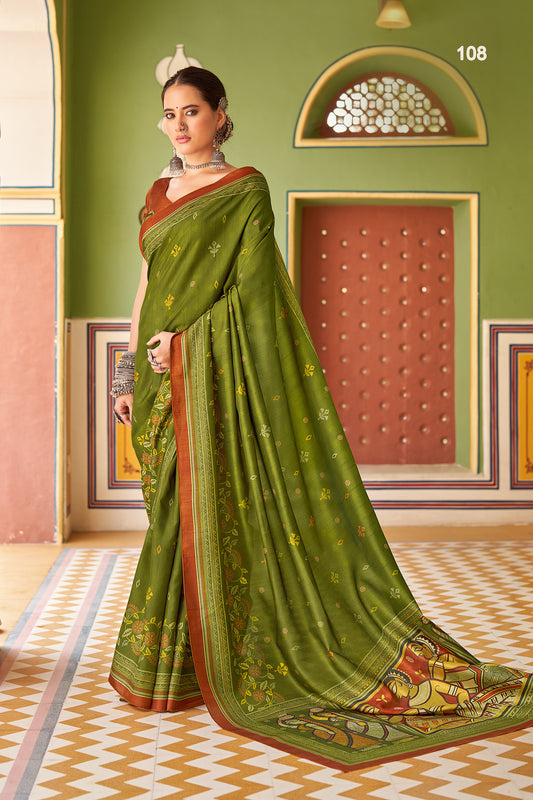 Rajmahal Olive Green Saree with Orange Border