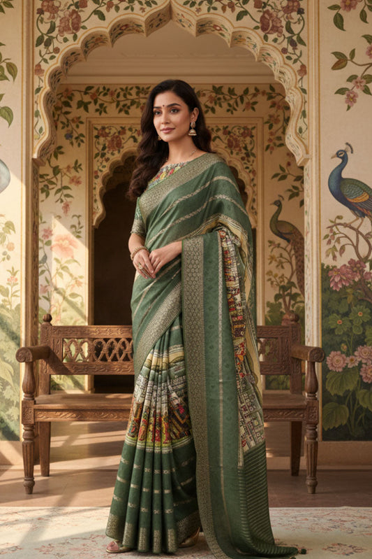 Woman in a green saree standing in a decorated room with peacock and floral designs.