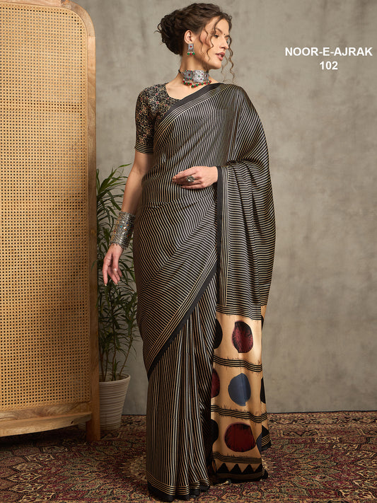 Noor E Ajrak Black and silver tissue cotton chanderi saree