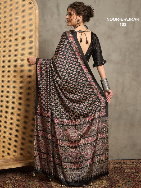 Noor E Ajrak Black Crepe Ethnic Motifs Print Saree