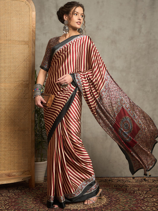Thyme Red Stripe Ajrakh Printed Satin Gaji Silk Saree