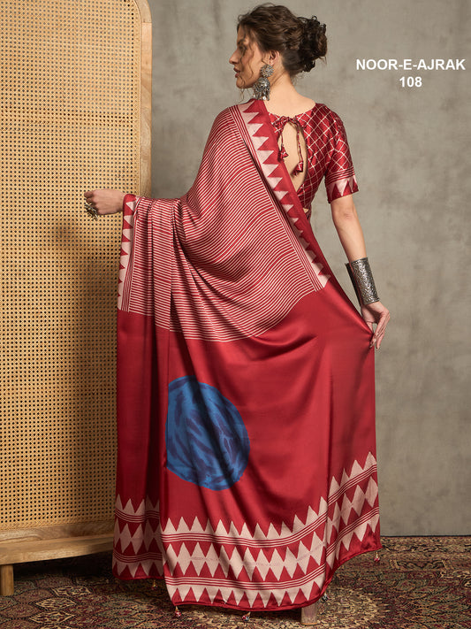 Noor E Ajrak Red Silk Blend Digital Print Saree