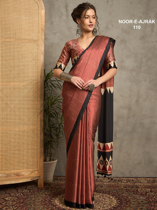 Noor E Ajrak Dark Beige Satin Leheriya Stripe Print Crochet Tassels Lace Saree