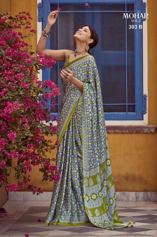 Blue and green Mohar printed satin silk saree