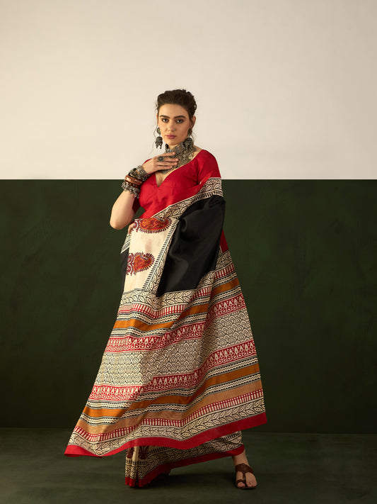 Black and cream Womaniya Printed Saree
