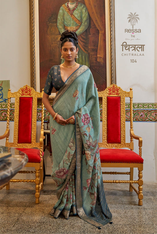 Chitrala Exclusive Designer Saree – Ajrak Print with Handwork on Premium Crush Tissue Fabric
