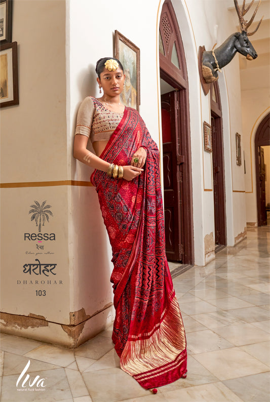 Red Ladgi Patta Ajrakh Print Festive Saree - by dharohar