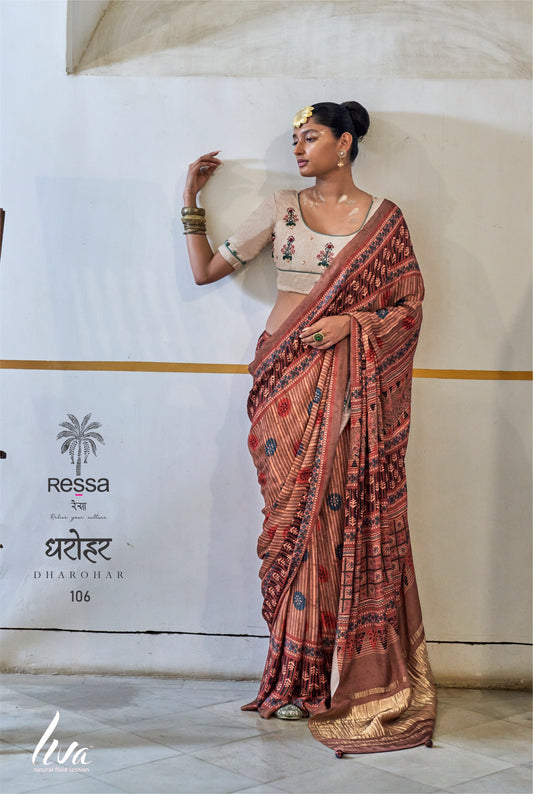 Modern Printed Saree with Lagdi Patta finish - by dharohar