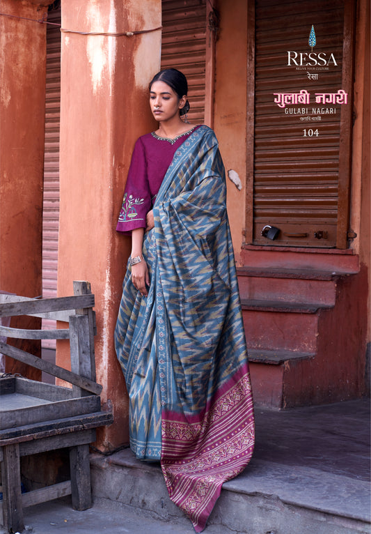 Presto Blue Ikkat Print Dolphin Fabric Saree