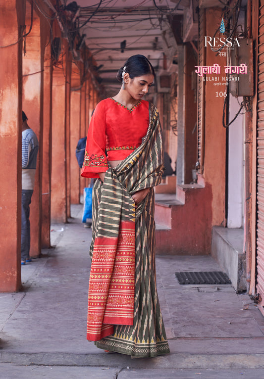 Grey Ikkat Print Dolphin Fabric Saree