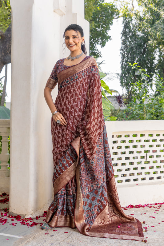 Ajrakh  Pratha Print Saree