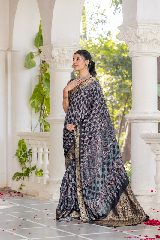 Ajrakh Ethnic motifs zari sungudi saree