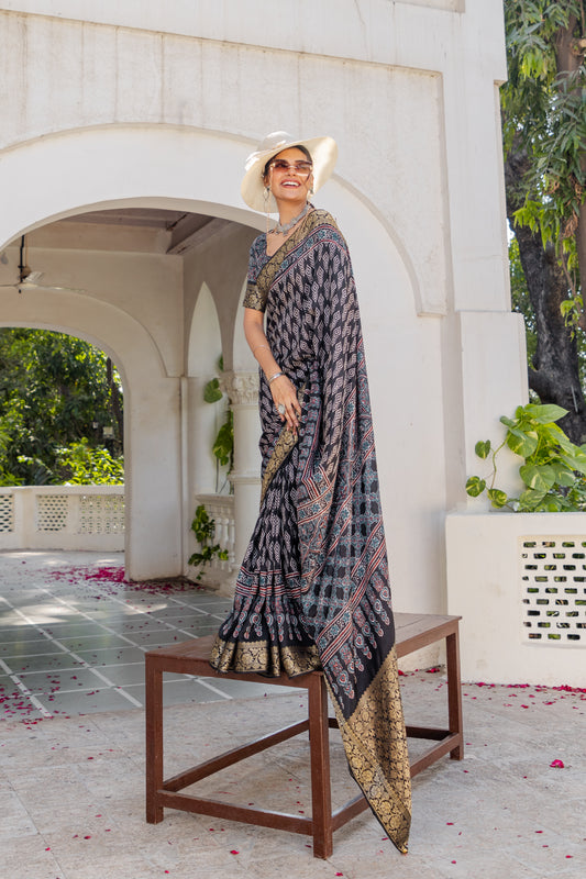 Ajrakh Ethnic motifs zari sungudi saree