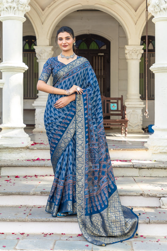Ajrakh Sapphire Blue Tussar Silk Saree