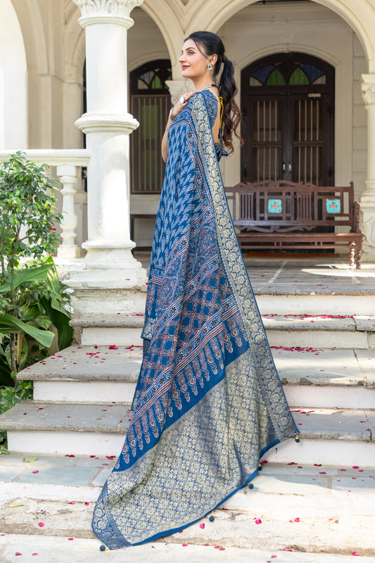 Ajrakh Sapphire Blue Tussar Silk Saree