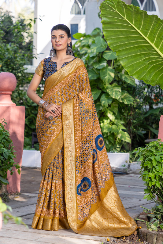 Ajrakh Turmeric Yellow Silk Printed Saree