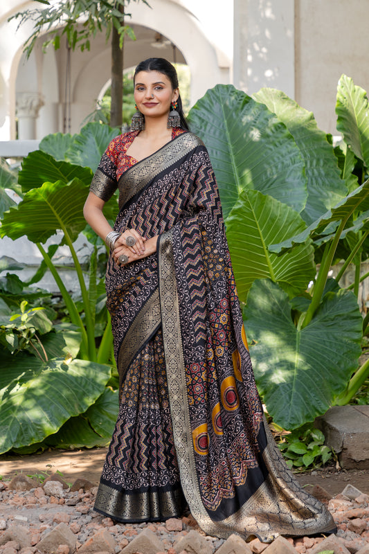 Ajrakh Vachi Black Red Saree