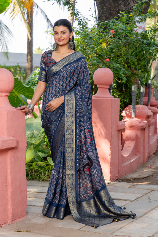 Ajrakh Modal Silk Saree
