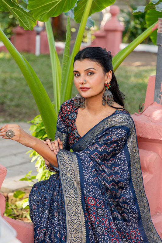Ajrakh Modal Silk Saree