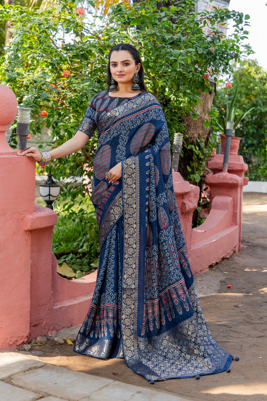 Ajrakh Samah Woven, Embroidered, Printed Bollywood Art Silk Saree