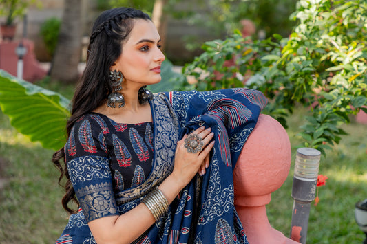 Ajrakh Samah Woven, Embroidered, Printed Bollywood Art Silk Saree