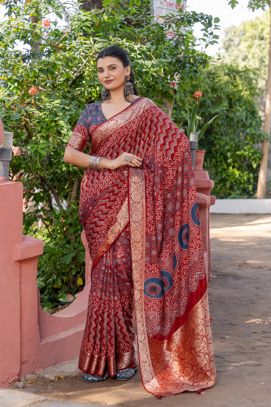 Ajrakh  Zari Woven Banarasi Kora Silk Saree