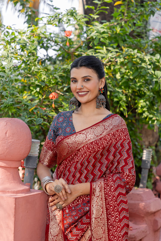 Ajrakh  Zari Woven Banarasi Kora Silk Saree