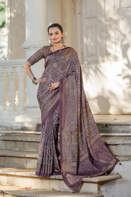 Ajrakh Mirchi Fashion Dusty Wine Silk Blend Floral Print Saree With Unstitched Blouse