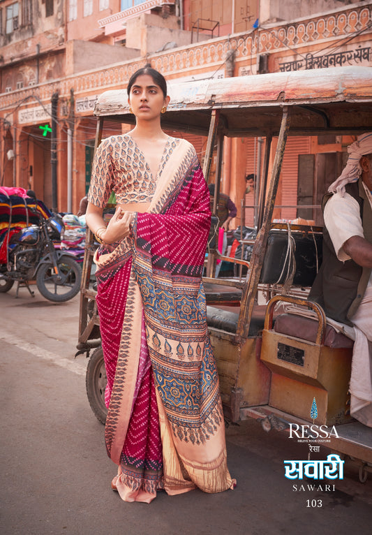 Hot Pink Coloured of Gajji Lagdi Patta Viscose With Ajrakh And Bandhej Print Saree