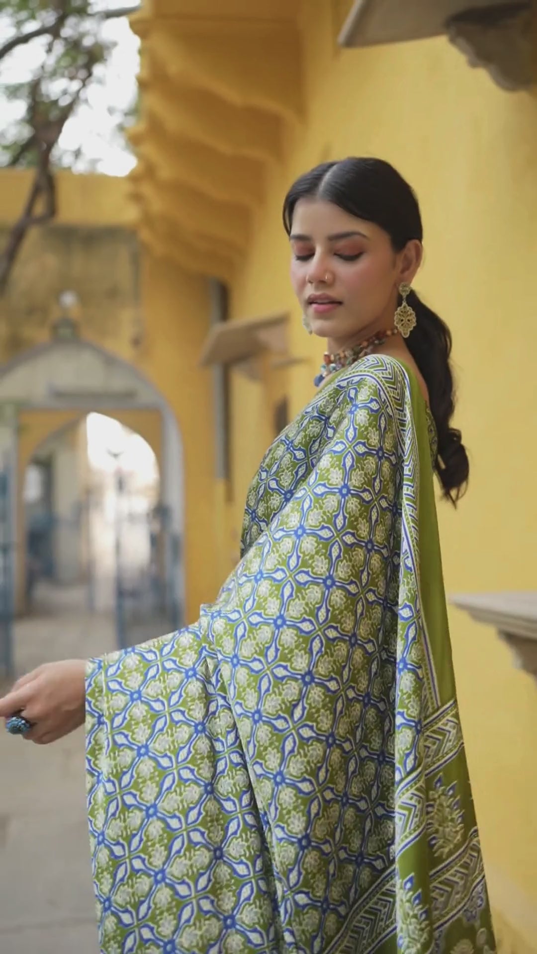 Blue and green Mohar printed satin silk saree
